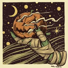 a drawing of a person holding a pumpkin in the air with stars and moon behind them