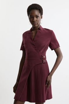 Tailored Crepe Military Pleat Notch Neck Wrap Mini Dress Chic Short Sleeve Burgundy Dress, Chic Burgundy Short Sleeve Dress, Fitted Burgundy Midi Dress With Short Sleeves, Burgundy Short Sleeve Formal Dress, Elegant Burgundy Short Sleeve Midi Dress, Elegant Burgundy Mini Dress With Short Sleeves, Fitted Short Sleeve Burgundy Midi Dress, Petite Work Outfits, Petite Wedding Guest Dresses