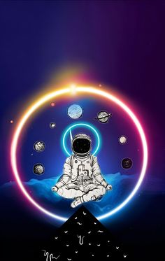 an astronaut sitting in the middle of a circle surrounded by planets