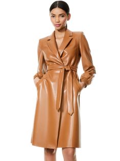 Tamesha Vegan Leather Coat | Alice And Olivia Luxury Brown Belted Outerwear, Designer Brown Belted Outerwear, Designer Long Coat For Fall, Designer Belted Leather Jacket For Fall, Elegant Long Leather Coat, Elegant Leather Outerwear For Fall, Luxury Long Coat For Fall, Elegant Brown Leather Long Coat, Elegant Brown Leather Jacket For Fall