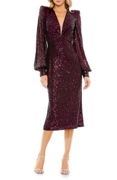 Glistening sequins enliven a scene-stealing midi dress framed by pronounced shoulders with long blouson sleeves. 48 1/2" length Deep V-neck Long sleeves Lined 100% polyester Spot clean Imported Asian Owned/Founded New Year Party Dress, Function Outfit, Short Wedding Guest Dresses, Award Show Dresses, Kingdom Hall, Elegant Cocktail Dress, Puff Sleeve Midi Dress, Unique Prom Dresses, Award Show