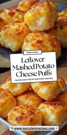 some food that is on a plate and has a sign in front of it saying, leftover mashed potato cheese puffs