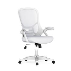 a white office chair with wheels and arms