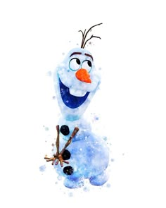 a watercolor painting of a frozen snowman with an orange nose and blue eyes