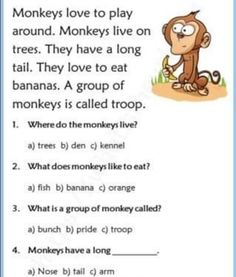 Monkey. Read the comprehension and answer the following questions . easy reading worksheet Comprehension For Grade 3, Comprehension For Grade 1, Reading Comprehension Grade 1, Grade 3 English, Ingles Kids, Comprehension Kindergarten, 1st Grade Reading Worksheets