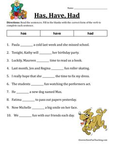 a worksheet with the words has have had and an image of a dog