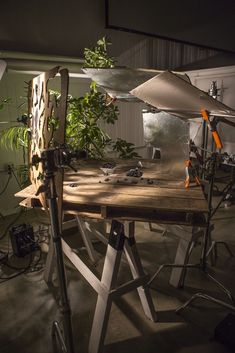 a wooden table topped with lots of plants