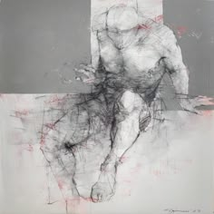 an abstract drawing of a man sitting on the ground in front of a gray background