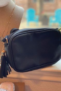 8.5"x6"x2.5" Vegan Adjustable Strap Tassel Zipper Pull Full Closure Gold Hardware Lined Inside Black Casual Bags With Tassels, Casual Black Bags With Tassels, Casual Black Tassel Bags, Black Travel Shoulder Bag With Tassels, Black Bags With Tassels For Everyday Use, Black Tassel Bag For Everyday Use, Black Tassel Crossbody Bag, Black Shoulder Bag With Tassels For Everyday Use, Zipper Pulls