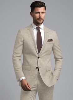 Embrace a classy aura with the Loro Piana Gemma Wool Silk Linen Suit, a luxurious and high-end addition to any man's wardrobe. Bespoke with premium materials including wool, silk, and linen, it offers a perfect balance of style, comfort, and quality. Its fabric is soft, breathable, and flows beautifully on the body. The color is a versatile and perennial shade of beige. With such a suit, you are guaranteed to look sharp and polished. Its elegance is matched only by its versatility and lasting appeal, making it a great choice for a formal event, business meeting, or special celebration.    A marriage of elegance and comfort, Loro Piana fabrics are made using the highest quality raw materials in the world, in their purest form or blended together. A sophisticated response to the dictates of Event Business, Master Tailor, Italian Suit, Silk Linen, Shades Of Beige, Linen Suit, Linen Jacket, Formal Suits, Business Meeting