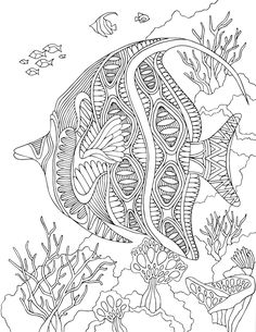 an underwater scene with fish and corals in black and white coloring book page for adults