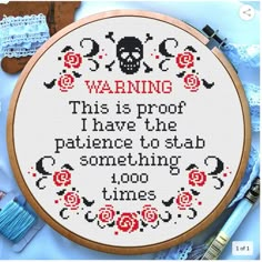 a cross - stitch pattern with the words warning on it, surrounded by other items