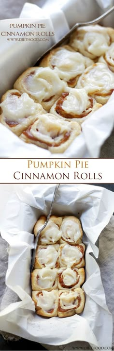 pumpkin pie cinnamon rolls in a baking pan with a knife on the top and bottom