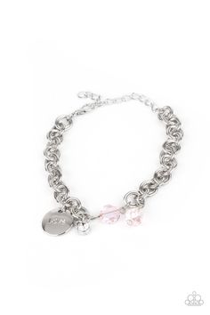 Pink crystal-like beads, a dainty white rhinestone, and a silver disc stamped in the word, "love," adorn a double-linked silver chain, creating a flirty fringe around the wrist. Features an adjustable clasp closure.

 Sold as one individual bracelet. Thick Silver Ring, Pink Charm Bracelet, Antique Brass Frame, The Word Love, Pink Charm, Hammered Silver Ring, Word Love, Purple Pearl, Paparazzi Accessories