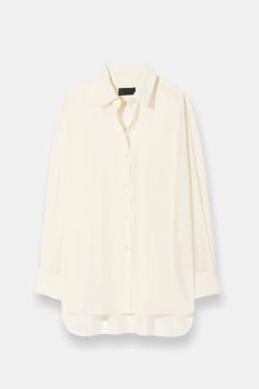 Oversized long-sleeved button-front shirt in fluid silk crepe de chine. Dropped shoulder. Spread collar. Shirred back yoke. Curved shirttail hem. Minimally styled with clean front and tonal buttons. Size S measures approximately 28 1/2" front body length, 20 1/4" across shoulders, 47” chest circumference, 47” hem circumference, 31 1/2” sleeve length from center back neck 100% Silk Button Front Shirt, Silk Crepe, Silk Shirt, Back Neck, Drop Shoulder, Sleeve Length, Silk, Collar