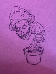 a drawing of a skull with a hat on its head in a flower pot that is upside down