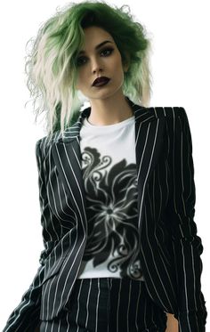 a woman with green hair wearing a black and white suit