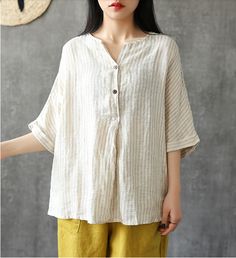 Summer Women Casual Blouse Cotton Linen Shirts stripes Women Tops Spring Beige Shirt For Daywear, Spring Daywear Beige Shirt, Spring Cream Cotton Shirt, Summer Beige Ramie Blouse, Casual Cream Blouse For Spring, Beige Cotton V-neck Blouse, Off White Cotton Short Sleeve Blouse, Summer Linen Blouse In Neutral Color, Cream Linen Blouse For Spring