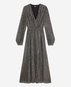 Long silver dress | The Kooples - US Long Silver Dress, Leather Heels Sandals, Pleated Midi Dress, The Kooples, Silver Dress, Modern Outfits, Womens Midi Dresses, Evening Dress, Designing Women