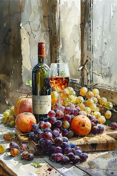 a painting of wine and fruit on a table with an open window in the background