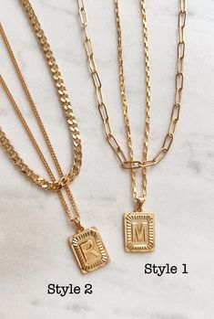 24K gold plated vintage style layered initial tag necklace set. -------------------- Details ・Style 1 -24K gold plated paper clip chain + 24K gold plated 2.2mmbox chain ・Style 2 -24K gold plated curb chain + 2mm 24K gold plated curb chain ・Size of the initial pendant :16x19mm --------------------  Necklace Length * This necklace is available in 4 sizes.  The initial necklace is 2-inch longer.  12" top chain + 14" initial necklace 14" top chain + 16" initial necklace 16" top chain + 18" initial n Initial Tag Necklace, Letter Jewelry, Magical Jewelry, Jewelry Personalized, Kids Necklace, Doll Stuff, Plastic Jewelry, Gold Initial, Personalized Gifts For Her