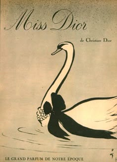 a black and white image of a swan in water with the words miss dior on it