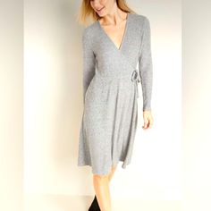 New With Tag Size Large Color: Gray Casual Long Sleeve Wrap Dress For Fall, Casual Knee-length Wrap Dress For Fall, Casual Fitted Long Sleeve Wrap Dress, White Cami Dress, Chunky Knit Sweater Dress, Wrapped Dress, Navy Sundress, Long Sleeve Navy Dress, Black Tunic Dress