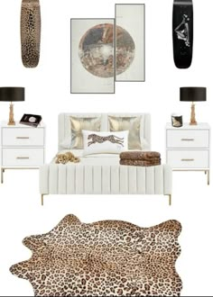 the bedroom is decorated in leopard print and gold accents