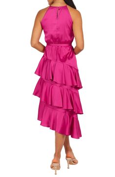 Flamenco-inspired ruffled tiers are sure to put some sashay in your step wearing this party-ready frock crafted of lustrous satin. Back keyhole with button-and-loop closure Square neck Sleeveless, with cutaway shoulders Removable sash Partially lined 100% polyester Hand wash, line dry Imported Satin Party Dress With Ruffle Hem, Sleeveless Satin Dress With Ruffles, Asymmetrical Hem Dress With Ruffles For Prom, Dressy Satin Dress With Ruffles, Fitted Midi Dress With Layered Hem For Party, Ruffled Satin Dress For Evening, Sleeveless Ruffled Satin Dress For Summer, Formal Satin Midi Dress With Ruffles, Pink Tiered Ruffle Dress For Party