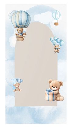 a teddy bear holding a gift box with hot air balloons in the sky