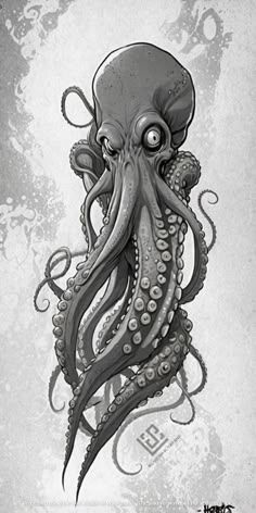 an octopus with large tentacles on it's head and eyes, in black and white