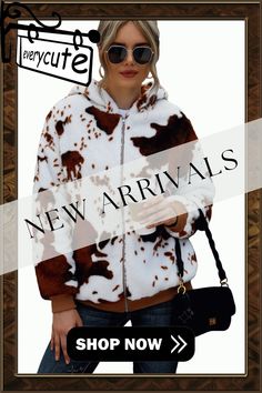 Brown Zip Front Cow Print Plush Hooded Jacket