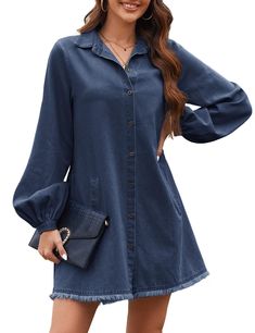 PRICES MAY VARY. Material---Denim shirt dress 2024 is made of 95% Cotton,5% Polyester,breathable,durable and soft denim material with no stretch,suit for spring,fall and winter days. Features---Denim dress for women features fully button down,lapel collar,flowy and tiered A line dress,back tiered,fringe hem,loose fit,above the knee length,two side pockets to keep your small things like phone,super cute denim babydoll dress for women. Match---Short jean dress is ideal to pair with leggings,a belt Collared Denim Dress With Button Closure, Solid Color Cotton Shirt Dress For Fall, Fall Cotton Shirt Dress Solid Color, Fall Solid Color Cotton Shirt Dress, Cotton Button-up Denim Dress With Buttoned Pockets, Fall Denim Cotton Dress With Buttoned Pockets, Button-up Cotton Denim Dress With Buttoned Pockets, Cotton Medium Wash Shirt Dress With Buttons, Cotton Medium Wash Buttoned Shirt Dress