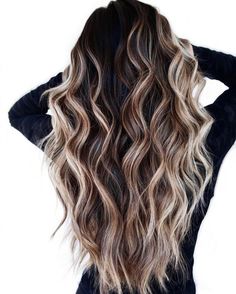 Black Hair with Bronde and Platinum Highlights Chocolate With Blonde Highlights, Brown Hair Dimensional Highlights, Dimensional Balayage Brunettes, Dark Brown Blonde Hair, Dark Summer Hair, High Contrast Hair, Western Hair Color, V Cut Hair, Dimensional Hair