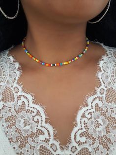 Rainbow Beaded Choker Seed Bead Choker Colourful Bead | Etsy Seed Jewelry, Colorful Choker, Seed Necklace, Seed Bead Choker, Couples Bracelet, Bead Choker, Rainbow Beads, Beautiful Color Combinations, Blue Evil Eye