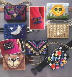 cross - stitch purses with pictures of cats and dogs on them, all in different colors