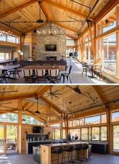 the inside and outside of a house with large windows, wood ceilinging and stone fireplace