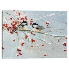 two birds sitting on a branch with berries