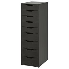 a tall black cabinet with five drawers