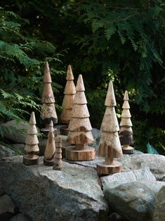 small wooden trees are sitting on top of some rocks in front of a tree filled forest