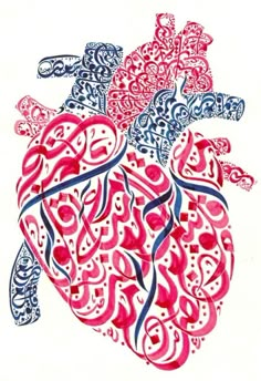 a drawing of the human heart in red, white and blue colors with intricate designs