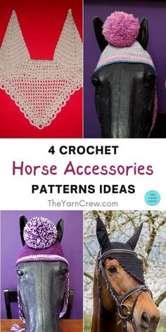 four crochet horse accessories are shown with the words, 4 crochet horse accessories