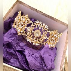 Made With Real Crystals. Elegant Crystal Crown For Party, Elegant Crystal Crown For Wedding, Regal Gold Crown For Wedding, Regal Gold Wedding Crown, Elegant Gold Crown With Rhinestones, Elegant Gold Wedding Crown, Elegant Gold Crown With Pinched Shape, Elegant Gold Crown With Structured Shape, Tiara Gold