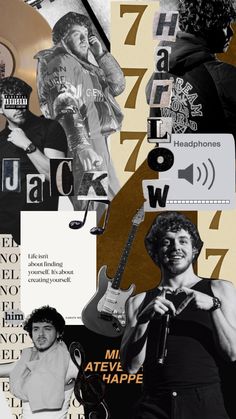 the collage has many different pictures and words on it, including an image of a man holding a guitar