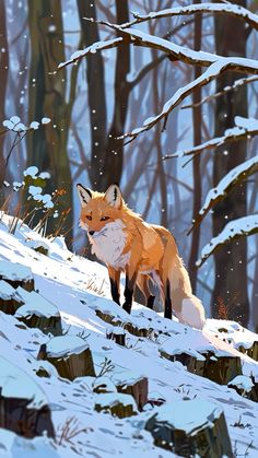 a painting of a fox in the snow