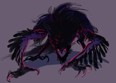 an image of a demonic creature with red eyes and black feathers on its head, sitting down