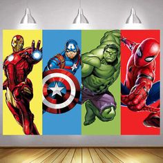 the avengers wallpaper mural in a room with wooden flooring and three lamps on either side