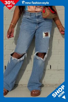 Casual High Waist Straight Leg Distressed Ripped Denim Jeans Trendy Jeans For Fall Day Out, Trendy Fall Jeans For Day Out, Trendy Mid-rise Jeans With Holes, Casual Summer Bottoms With Holes, Distressed Relaxed Fit Trendy Jeans, Trendy Distressed Relaxed Fit Jeans, Casual Jeans For Fall Day Out, Trendy Ripped Relaxed Fit Jeans, Casual Denim Bottoms With Distressed Detail