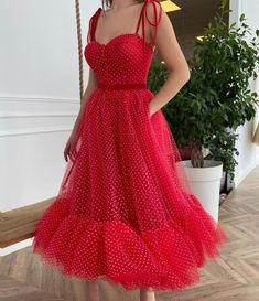 Elegant Red Dress With Tulle Skirt, Red Tulle Dress For Red Carpet, Red Midi Dress With Spaghetti Straps For Prom, Elegant Polka Dot Dress With Spaghetti Straps, Red Spaghetti Strap Midi Dress For Prom, Tulle Midi Dress With Spaghetti Straps For Party, Red Tulle Summer Dress, Red Tulle Dress For Summer, Red Tulle Skirt Dress For Spring