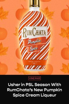 a bottle of rumchata's new pumpkin spice cream liqueur on an orange background